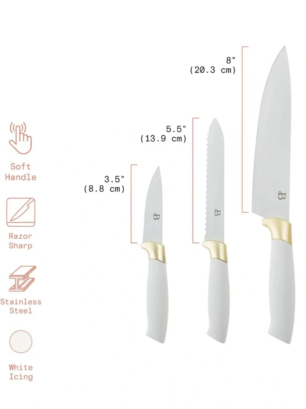 New Beatiful White & Gold 3-Piece Kitchen Knife Set